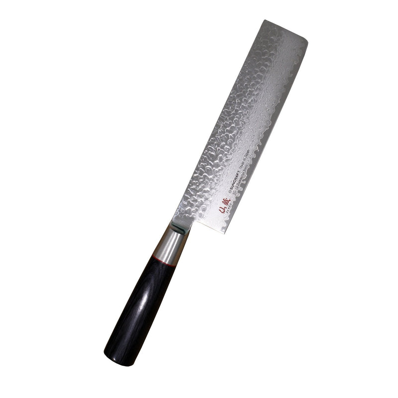 Suncraft Nakiri - Japanilainen veitsi, 16,7 cm Damascus-terällä ja VG10-teräksellä. Vasaroitu kuviointi ja ergonominen kahva.