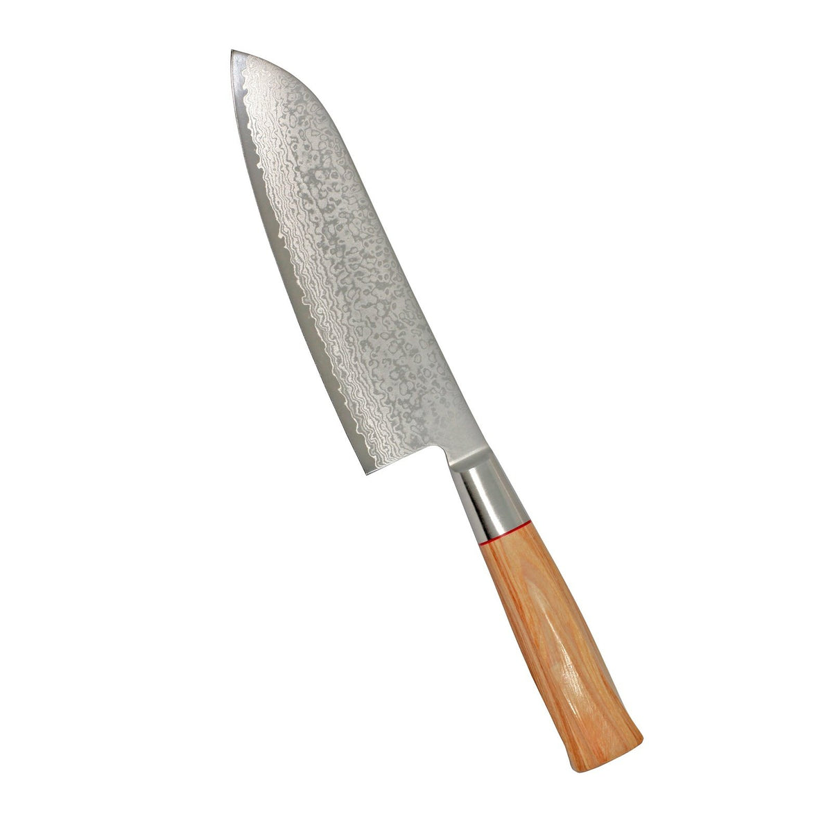 Japanilainen Suncraft Senzo Damascus Santoku-veitsi, 33-kerroksinen Damascusterä ja ergonominen puukahva keittiökäyttöön.