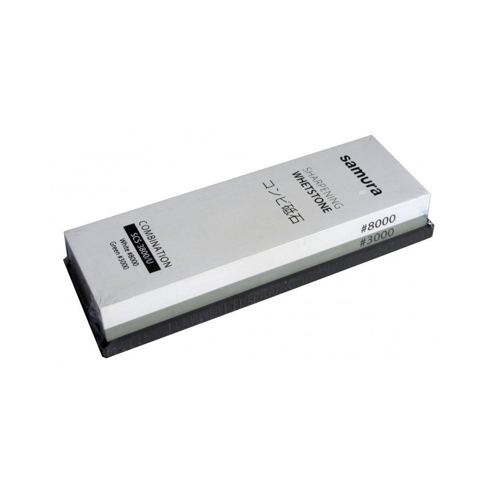 Samura Vesihioma-/Teroituskivi 3000/8000 suojamuovissa, kaksipuolinen teroituskivi hienoon ja erittäin hienoon teroitukseen kotikeittiöön.