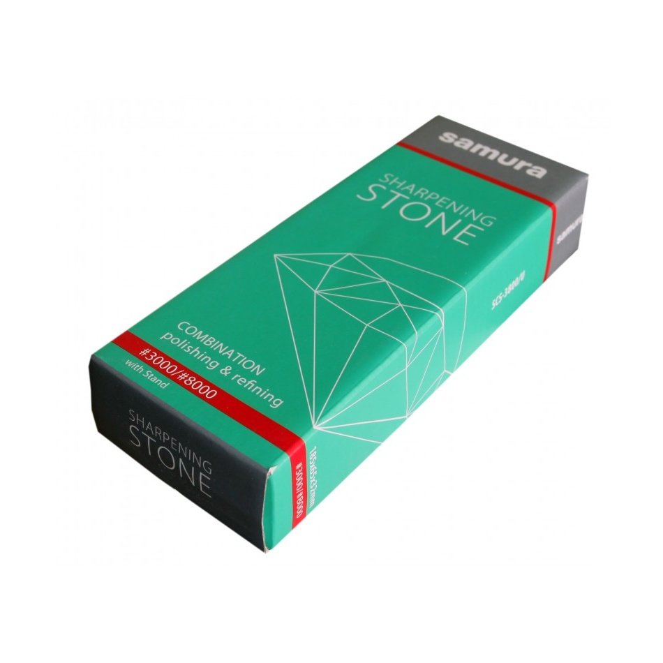Samura Vesihioma-/Teroituskivi 3000/8000 myyntipakkaus, vihreä laatikko jossa tuotetiedot ja timanttikuvio, veitsenteroittimien kategoriassa.