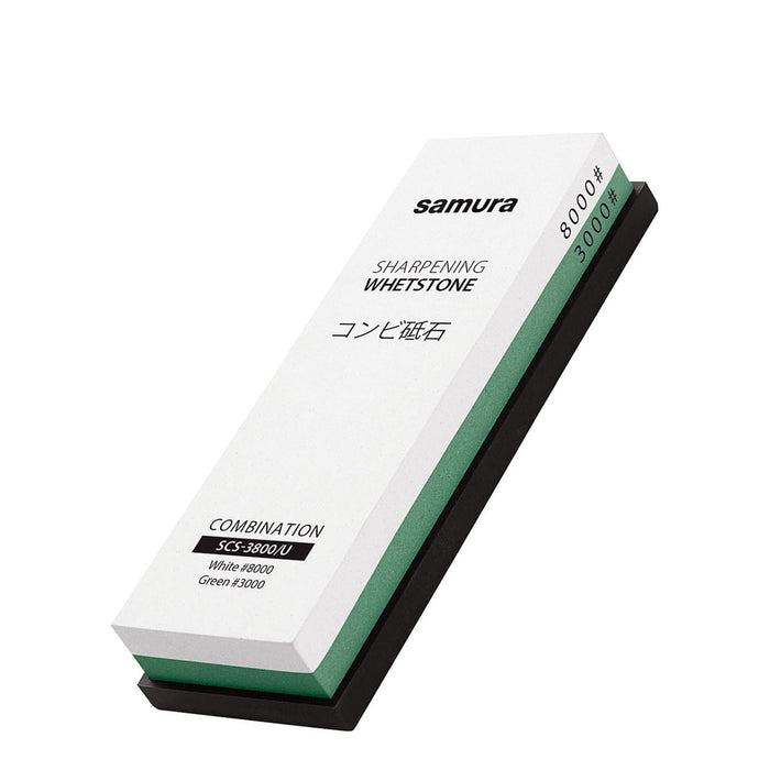 Samura Vesihioma-/Teroituskivi 3000/8000 teroituskivi, kaksipuolinen vihreä-valkoinen kivi veitsenteroittamiseen, mukana liukuestealusta.