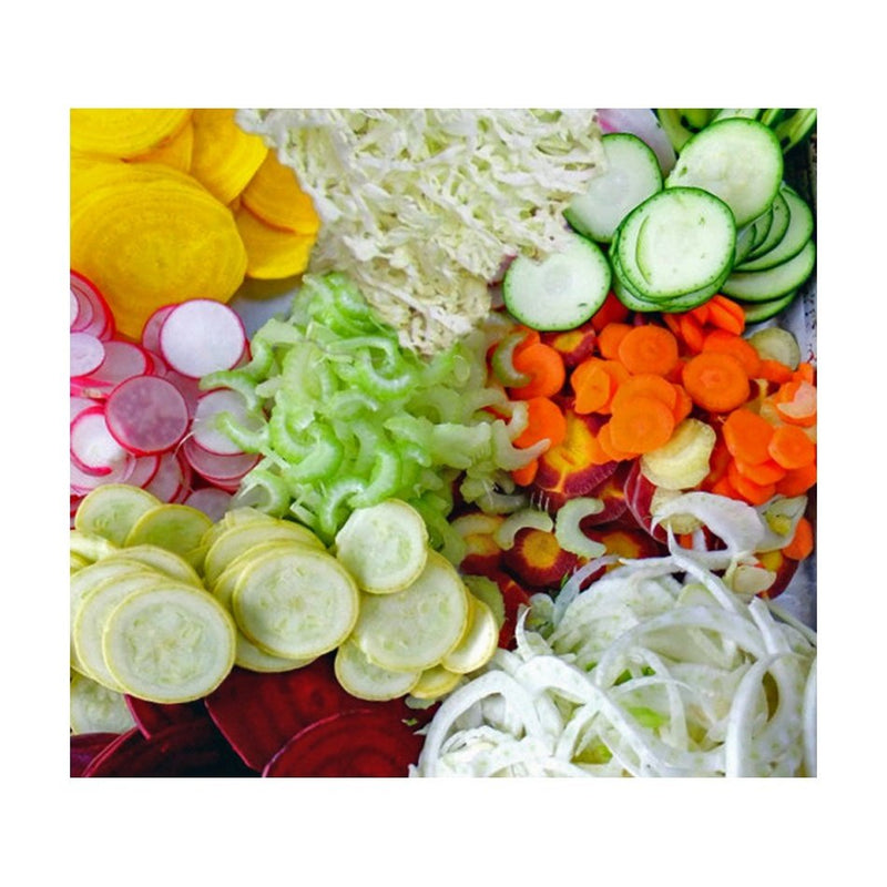 Värikkäitä vihannesviipaleita ja -suikaleita Benriner Mandoliinilla leikattuna. Soveltuu monipuoliseen ruoan esivalmisteluun.