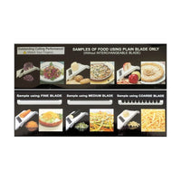 Esimerkkejä Benriner Mandoliinin leikkuutuloksista eri terillä. Näyttää hienon, keski- ja karkealeikkuun erot.