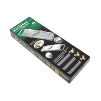 Benriner Mandoliini valkoinen, 6,5 cm myyntipakkaus. Sisältää laitteen, vaihtoterät ja käyttöesimerkit.