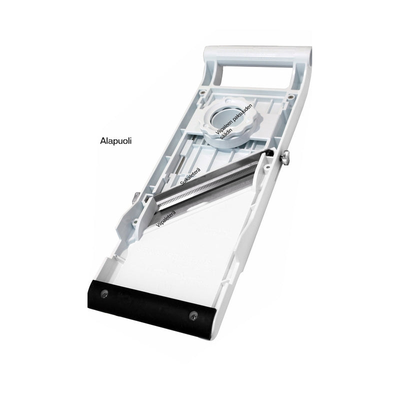 Super Benriner Mandoliinin alapinta ja terän säätömekanismi. Ergonominen muotoilu ja turvallinen käyttö.