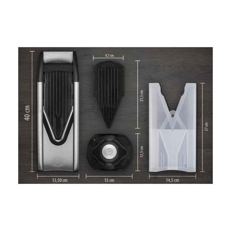 Börner V6 Mandoliini mitat: 40 cm pitkä, mukana multibox ja viipaleterät, täydellinen keittiöväline tarkkaan leikkaamiseen.