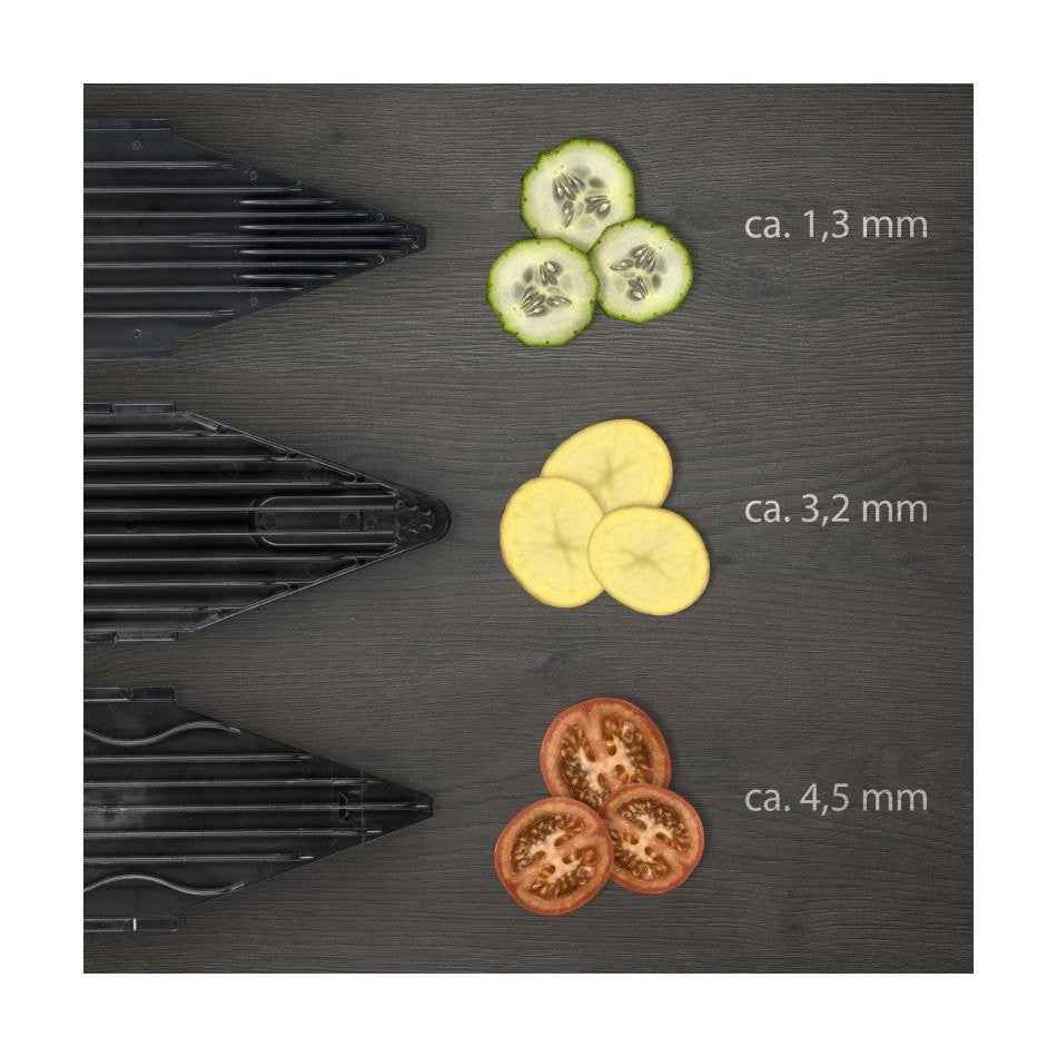 Börner V6 Mandoliini viipaloi vihannekset tarkasti: 1,3 mm, 3,2 mm ja 4,5 mm paksuudet eri käyttötarkoituksiin.