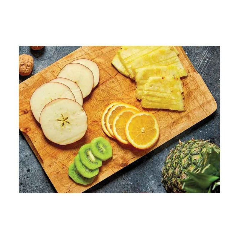 Börner V6 Mandoliinilla viipaloidut hedelmät: omena, appelsiini, kiivi ja ananas, täydellinen terveellisiin annoksiin.