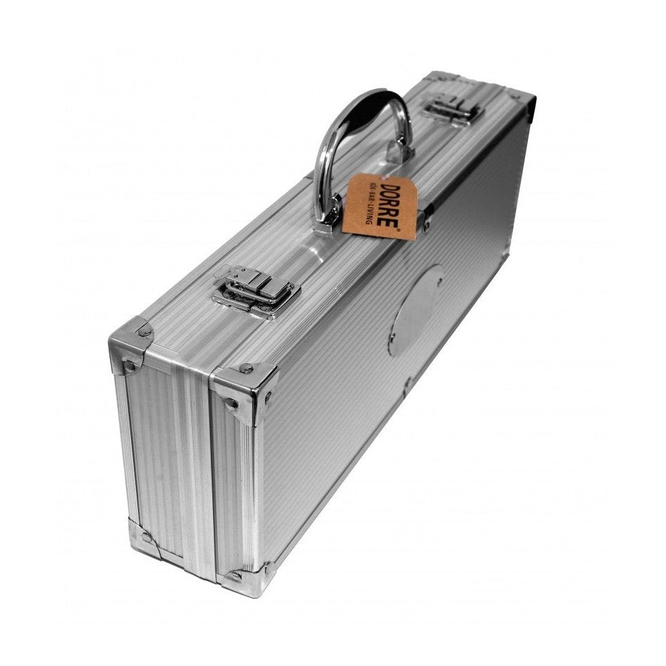 Suljettu metallilaukku, jossa Dorre grillausvälineet setti, 5 osaa, täydellinen grillimestareille.