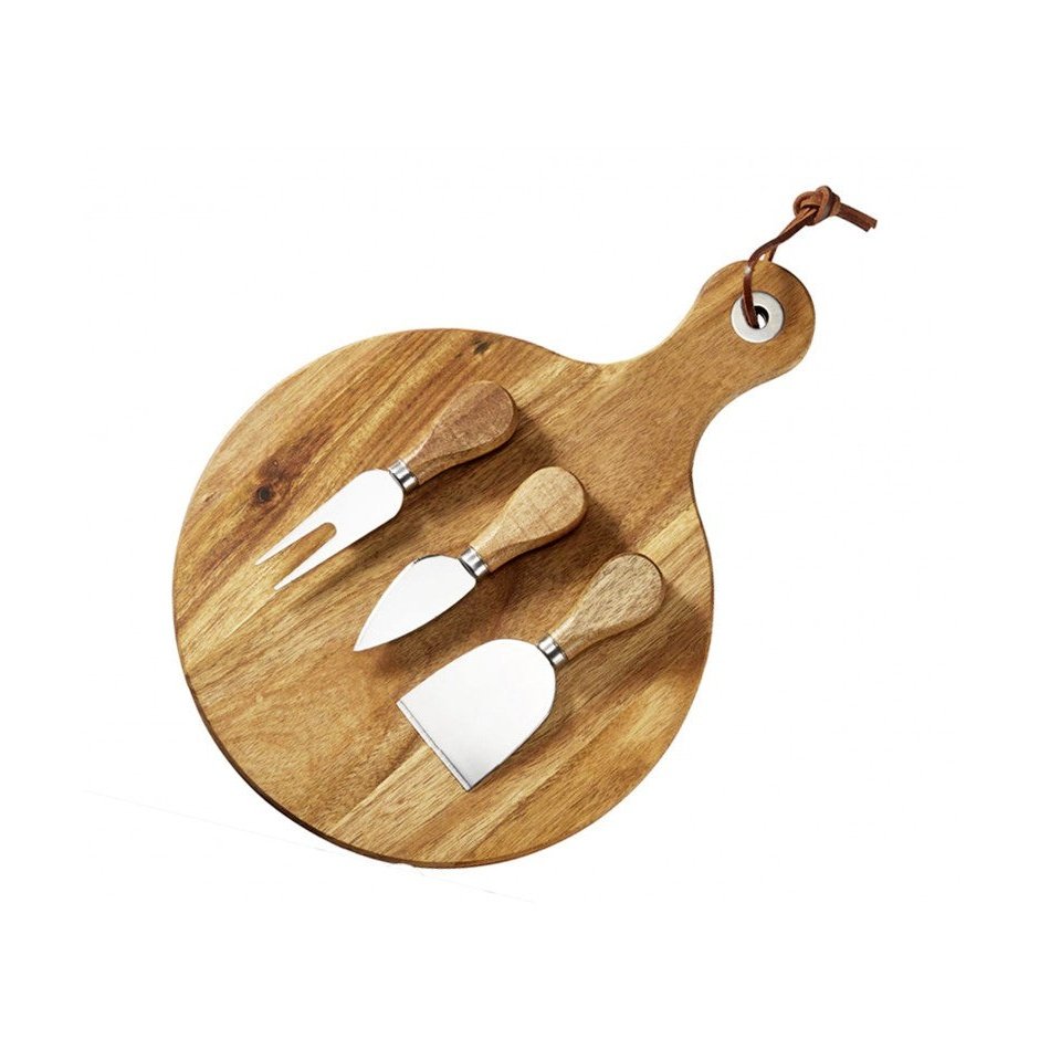 Dorre Juustotarjoitin - Tyylikäs ja kestävä keittiötarvike, pyöreä akaasiapuinen tarjotin kolmella ruostumattomasta teräksestä valmistetulla juustoveitsellä.