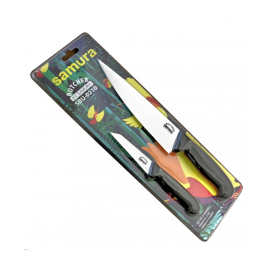Samura BUTCHER veitsisetti - 2 osaa myyntipakkauksessa, sisältää AUS-8 teräksiset kokki- ja kuorintaveitset värikkäässä pakkauksessa.