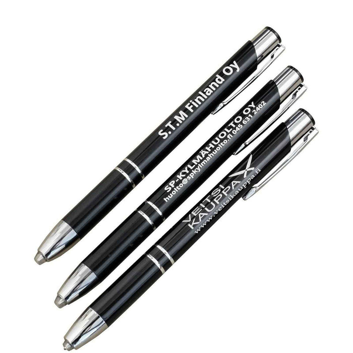 Kuulakärkikynä valolla ja kaiverruksella, 20 kpl. Musta kynä metallisella klipsillä, kaiverrusmahdollisuus ja tyylikäs muotoilu.
