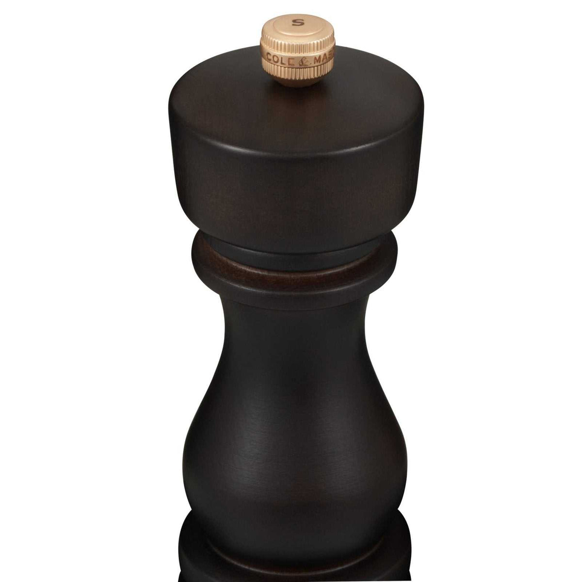 London Suolamylly, tumman ruskea pyökkipuu, lähikuva yläosasta, jossa puinen nuppi ja kaiverrettu 'S'.