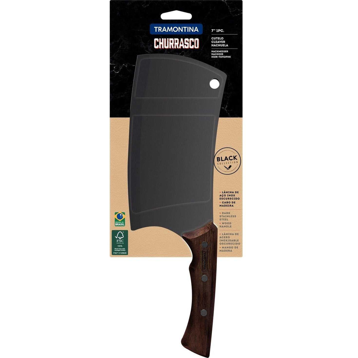 Tramontina Black Lihakirves, 18 cm, pakkauksessa. Tummaksi oksidoitu terä, ergonominen puukahva ja ruostumaton teräs.