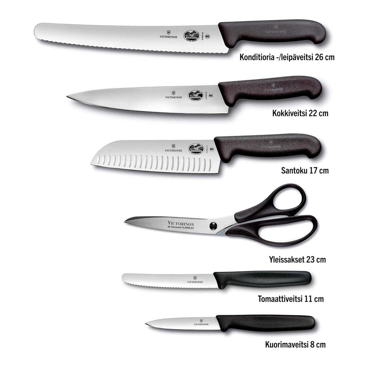 Victorinox veitsisetti, 7 osaa: sisältää konditoria-/leipäveitsen, kokkiveitsen, Santoku-veitsen, yleissakset, tomaattiveitsen ja kuorimaveitsen.