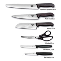 Victorinox veitsisetti, 7 osaa: sisältää konditoria-/leipäveitsen, kokkiveitsen, Santoku-veitsen, yleissakset, tomaattiveitsen ja kuorimaveitsen.