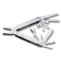 Victorinox Swiss Tool MX - Monitoimityökalu yhdellä kädellä, kaksi työkalua avattuna näyttäen sahan, sakset ja veitsen. Erinomainen lahjavalinta.