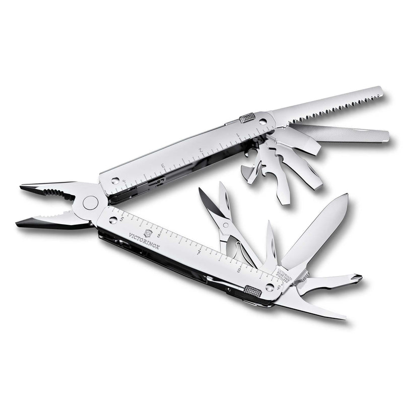 Victorinox Swiss Tool MX - Monitoimityökalu yhdellä kädellä, kaksi työkalua avattuna näyttäen sahan, sakset ja veitsen. Erinomainen lahjavalinta.